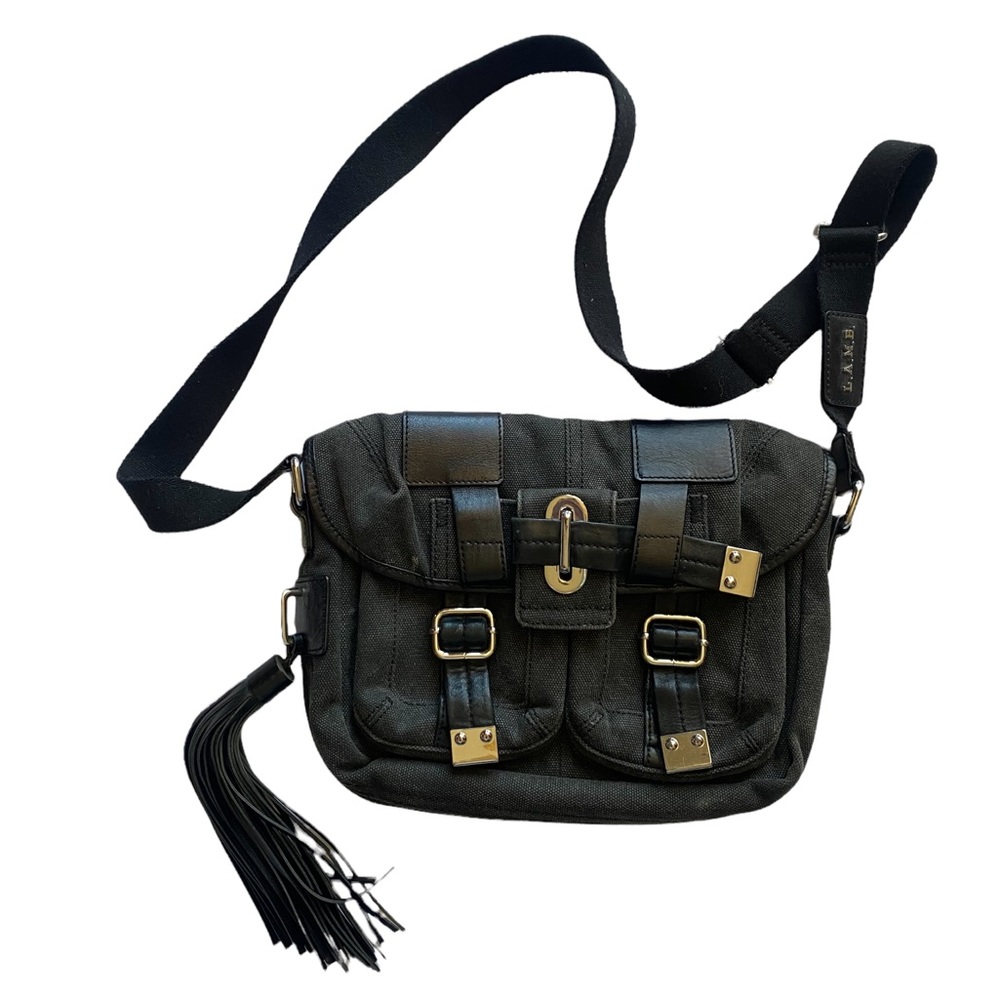 L.A.M.B. Gwen Stefani Crossbody Black Leather Canvas Adjustable Y2K Snap Purse